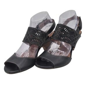 Clarks Heeled Sandals Womens Size 9 Black Leather Slingback Laser Cut 50088
